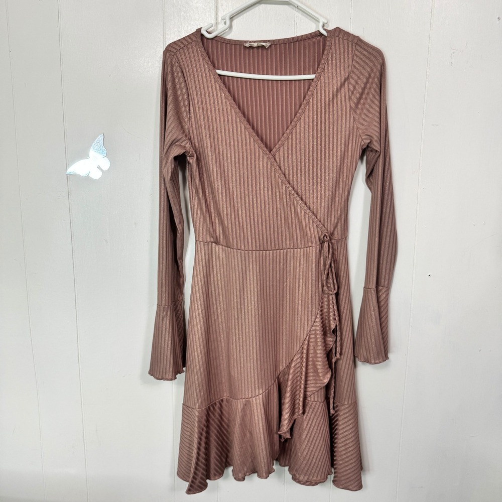 Altar'd State Dress Medium Mauve Pink Ribbed Knit Faux Wrap Long Sleeve Ruffle